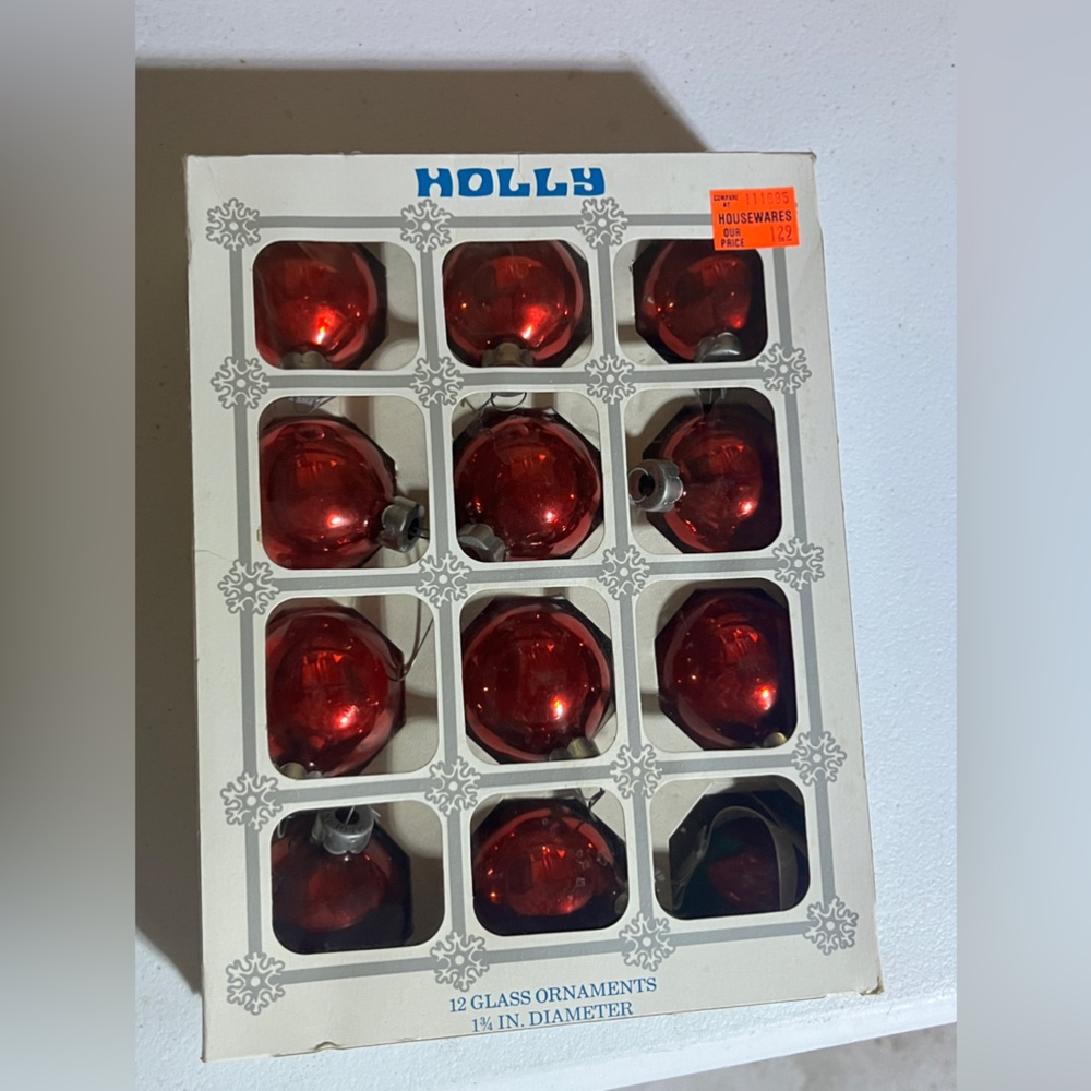 11 Vintage Holly Made in USA Red Glass Christmas Ornaments. 1 missing from box.